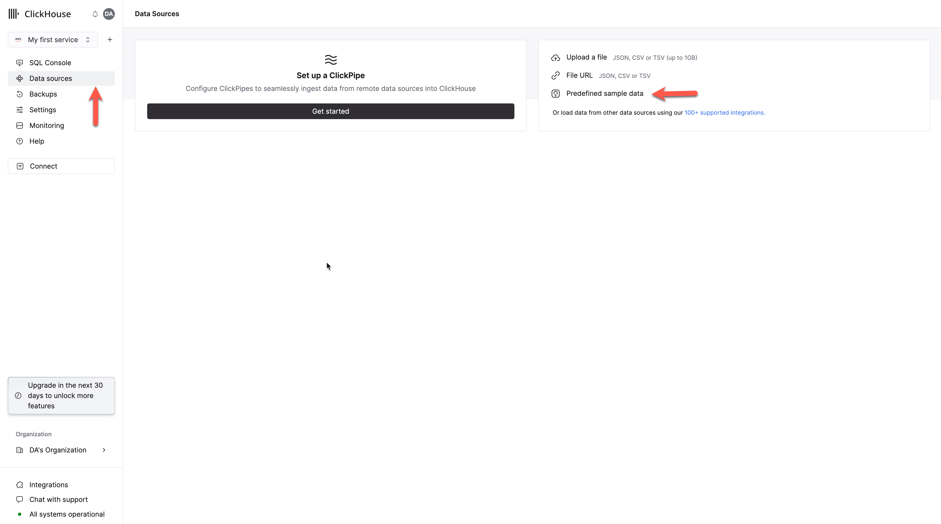 Меню Actions сервиса ClickHouse Cloud с параметрами Data sources и Predefined sample data