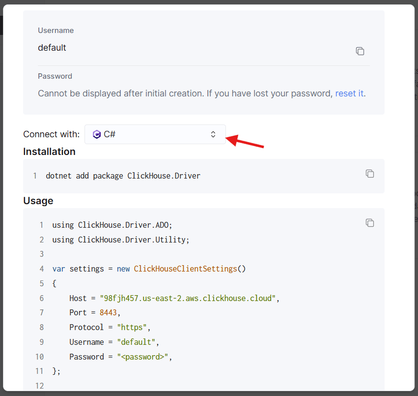Сведения о подключении C# для ClickHouse Cloud