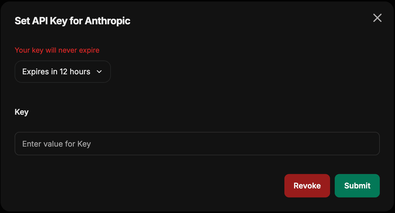 만료 드롭다운, Key 필드, Submit 및 Revoke 버튼이 있는 Anthropic용 Set API Key 대화 상자