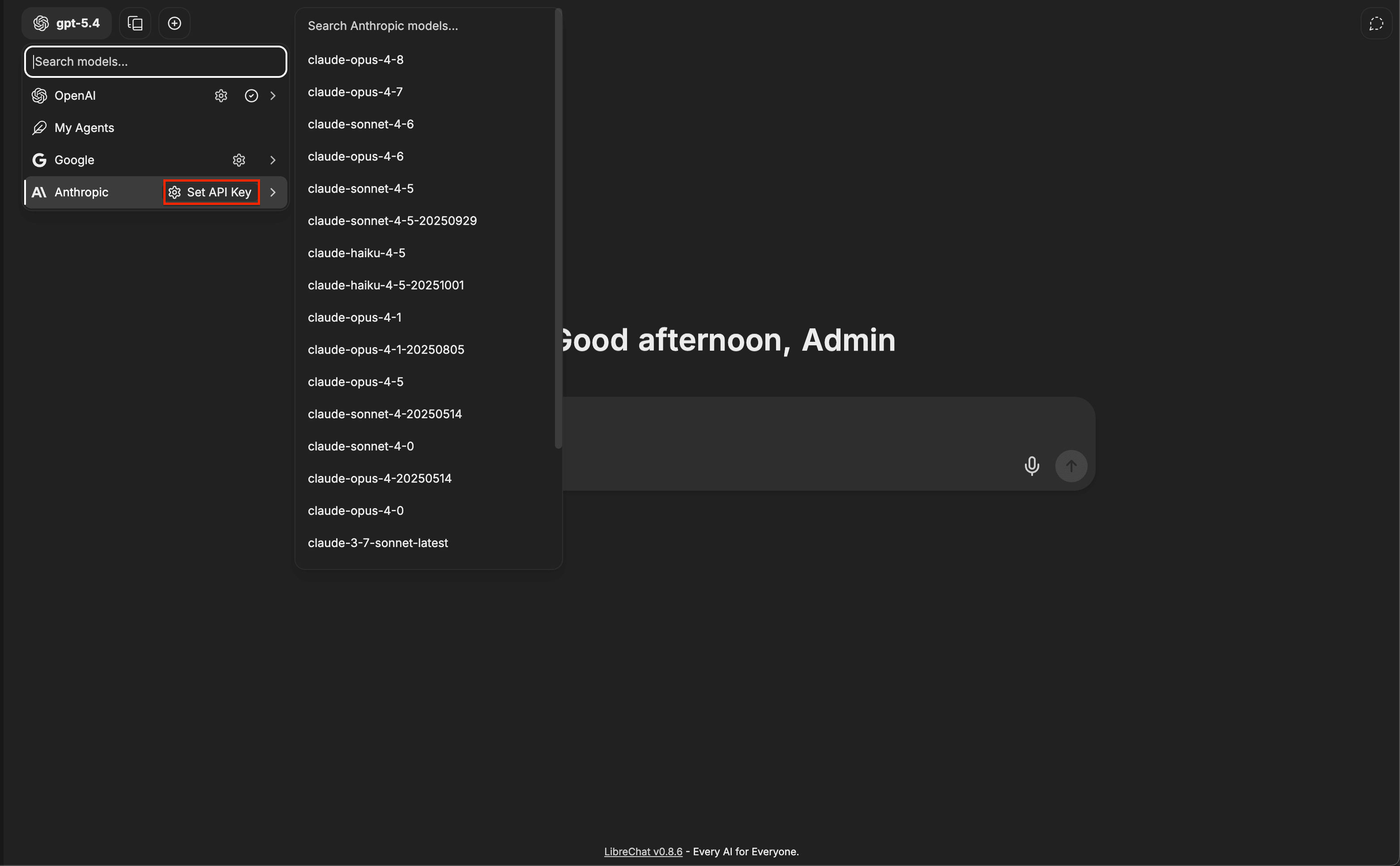 Anthropic provider 옆에 Set API Key 버튼이 표시된 LibreChat 모델 셀렉터