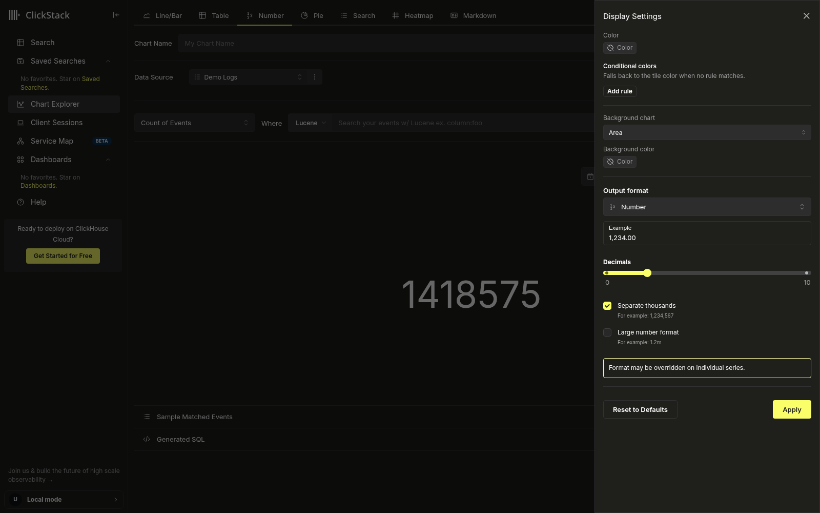 数值卡片的 Display Settings 抽屉,其中 Background chart 设置为 Area