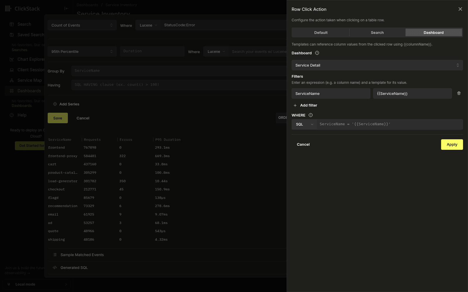在 Dashboard 模式下的 Row Click Action 侧边抽屉中，Service Detail 仪表盘被选为目标端，并配置了从点击行中模板化出的 ServiceName 过滤器