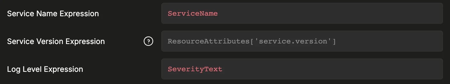 로그 소스의 선택적 필드에 있는 Service Version Expression 필드이며, 기본 자리 표시자로 ResourceAttributes['service.version']가 표시됨