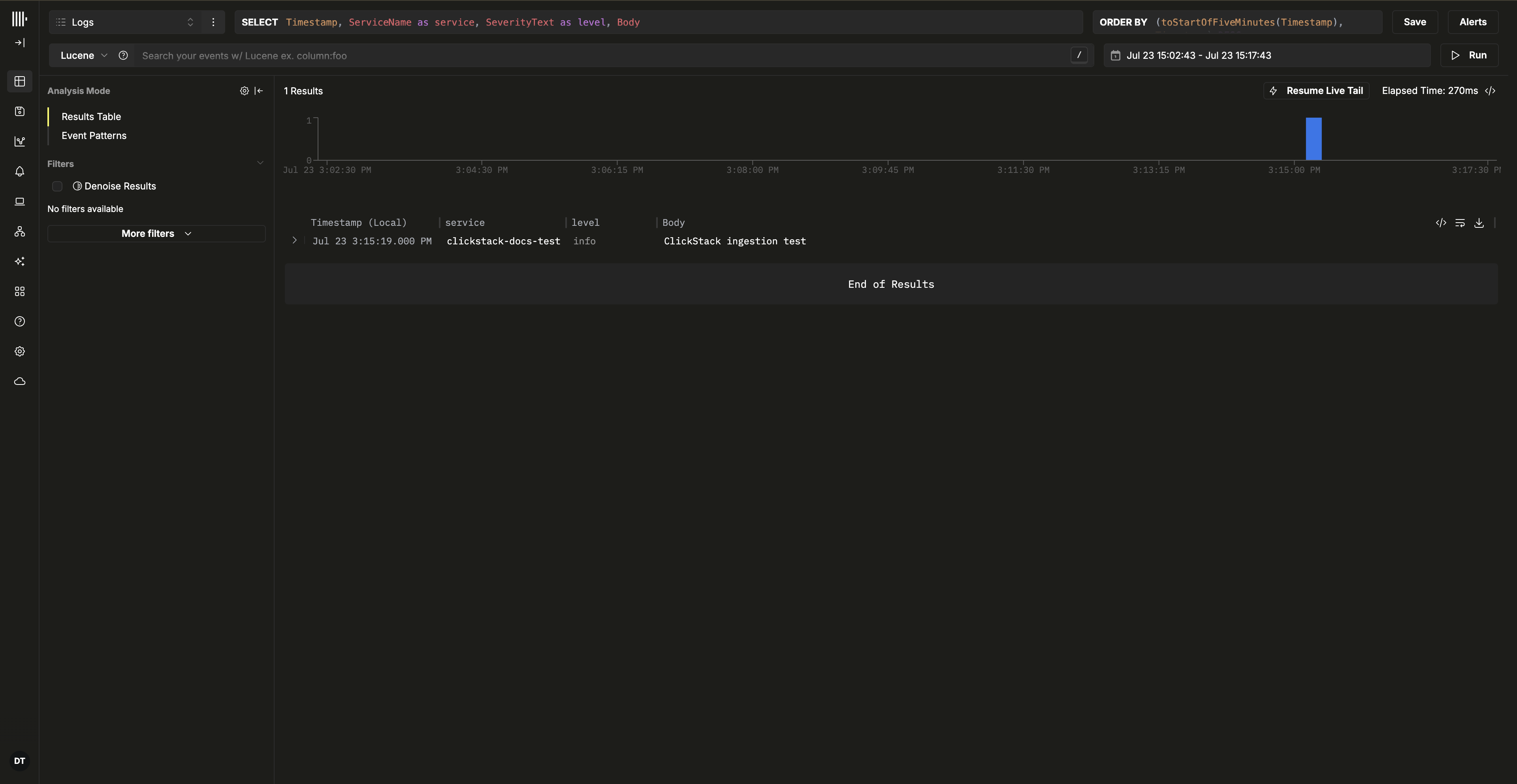 Vista de logs de ClickStack que muestra el evento de prueba de ingestión de ClickStack
