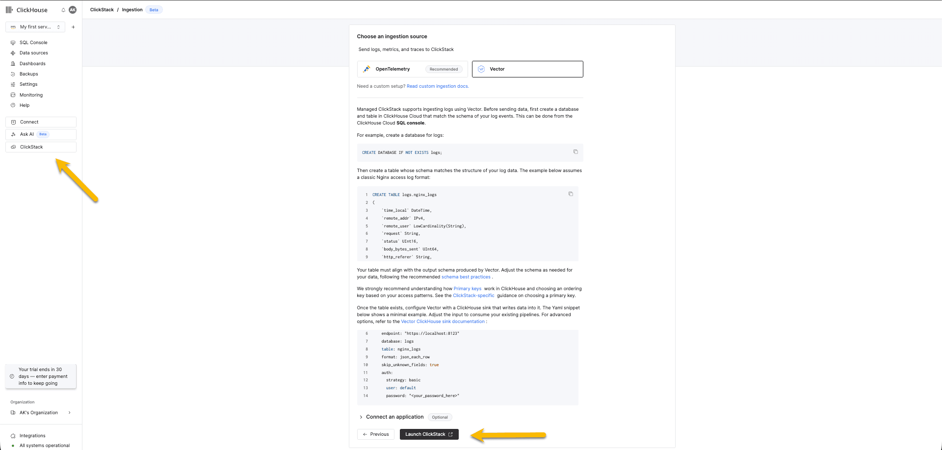Abrir o ClickStack para o Vector