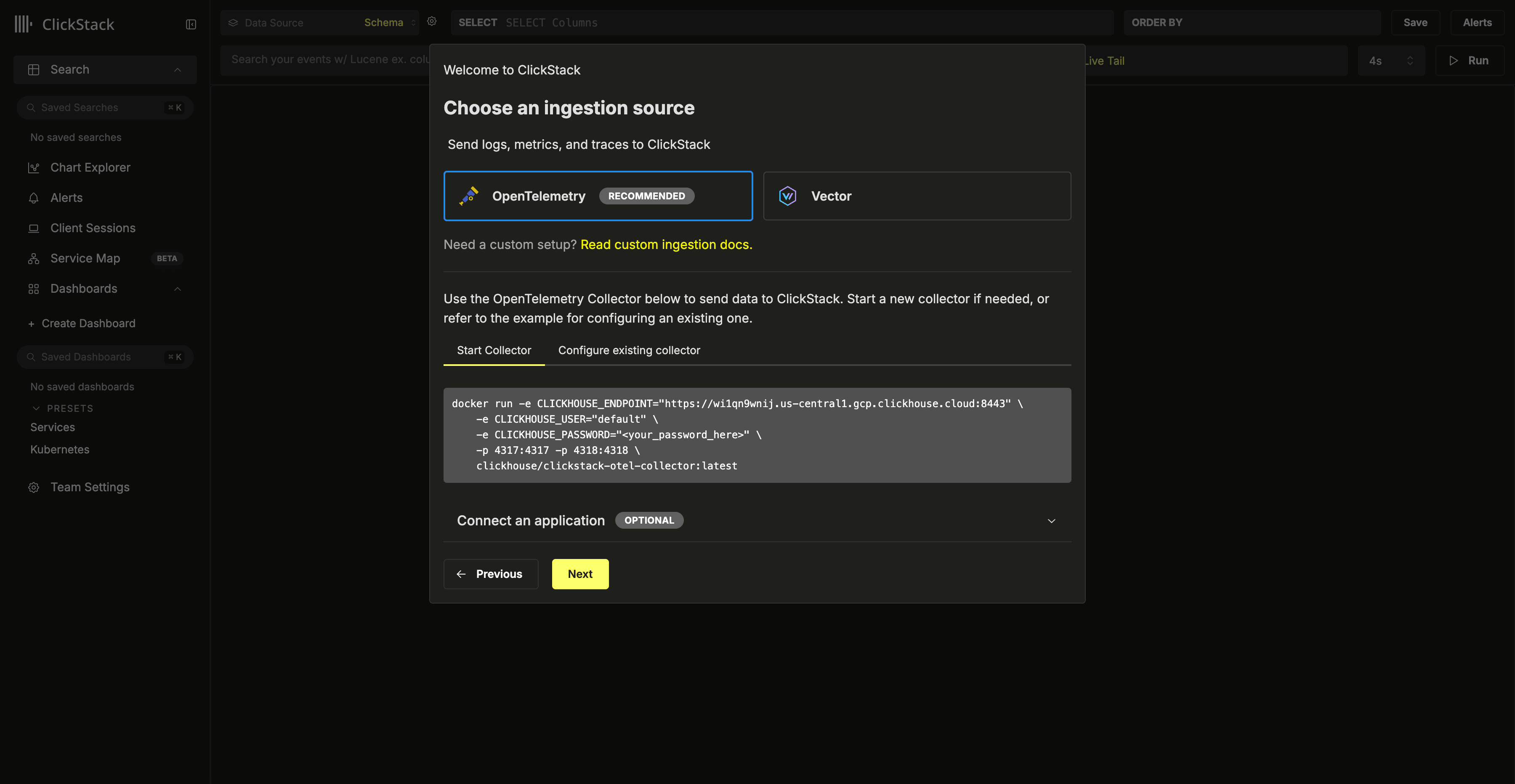 Select source - ClickStack UI