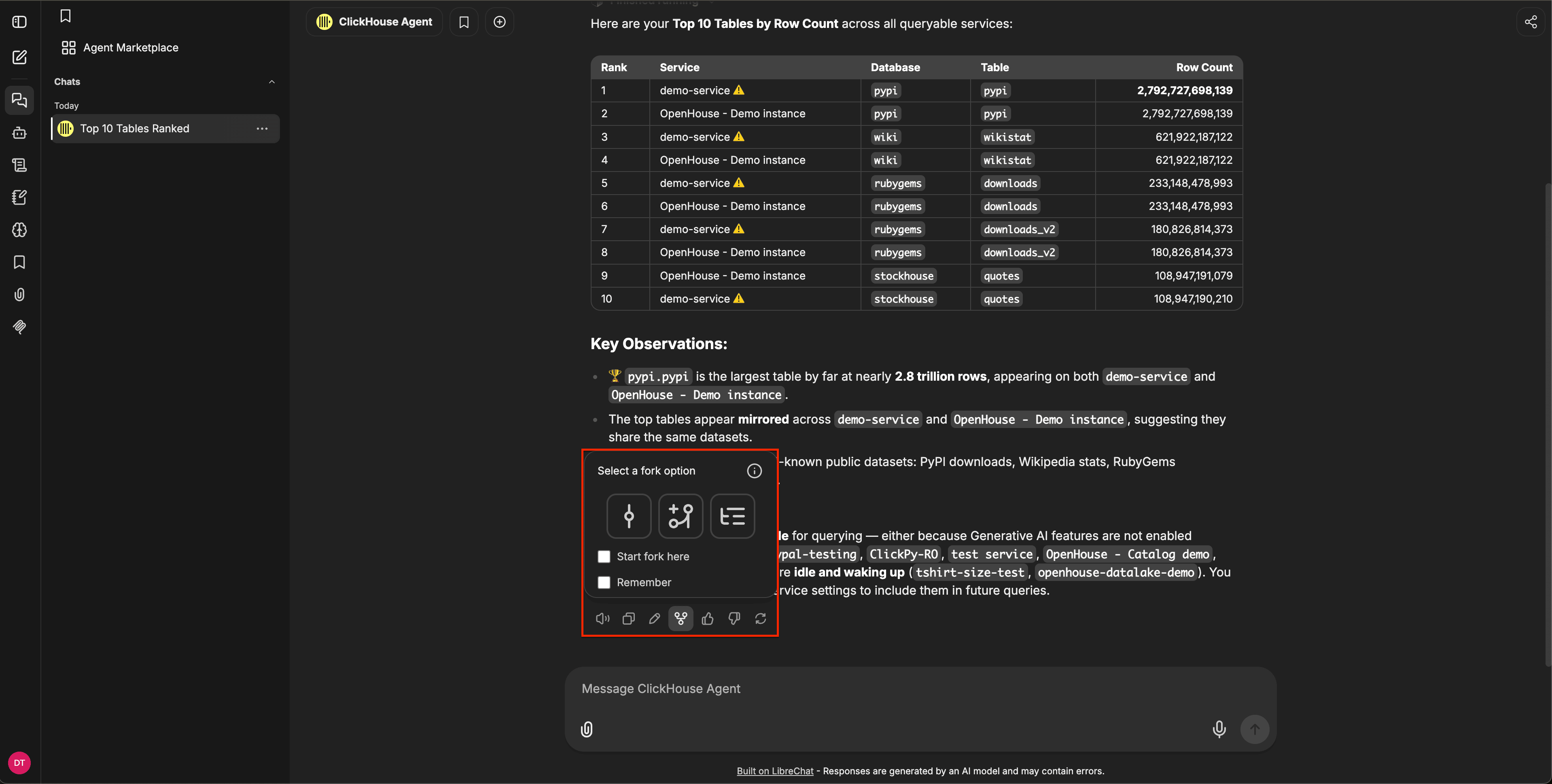 分支选项对话框,显示三个分支模式图标、“Start fork here”和“Remember”复选框,以及下方的消息操作工具栏