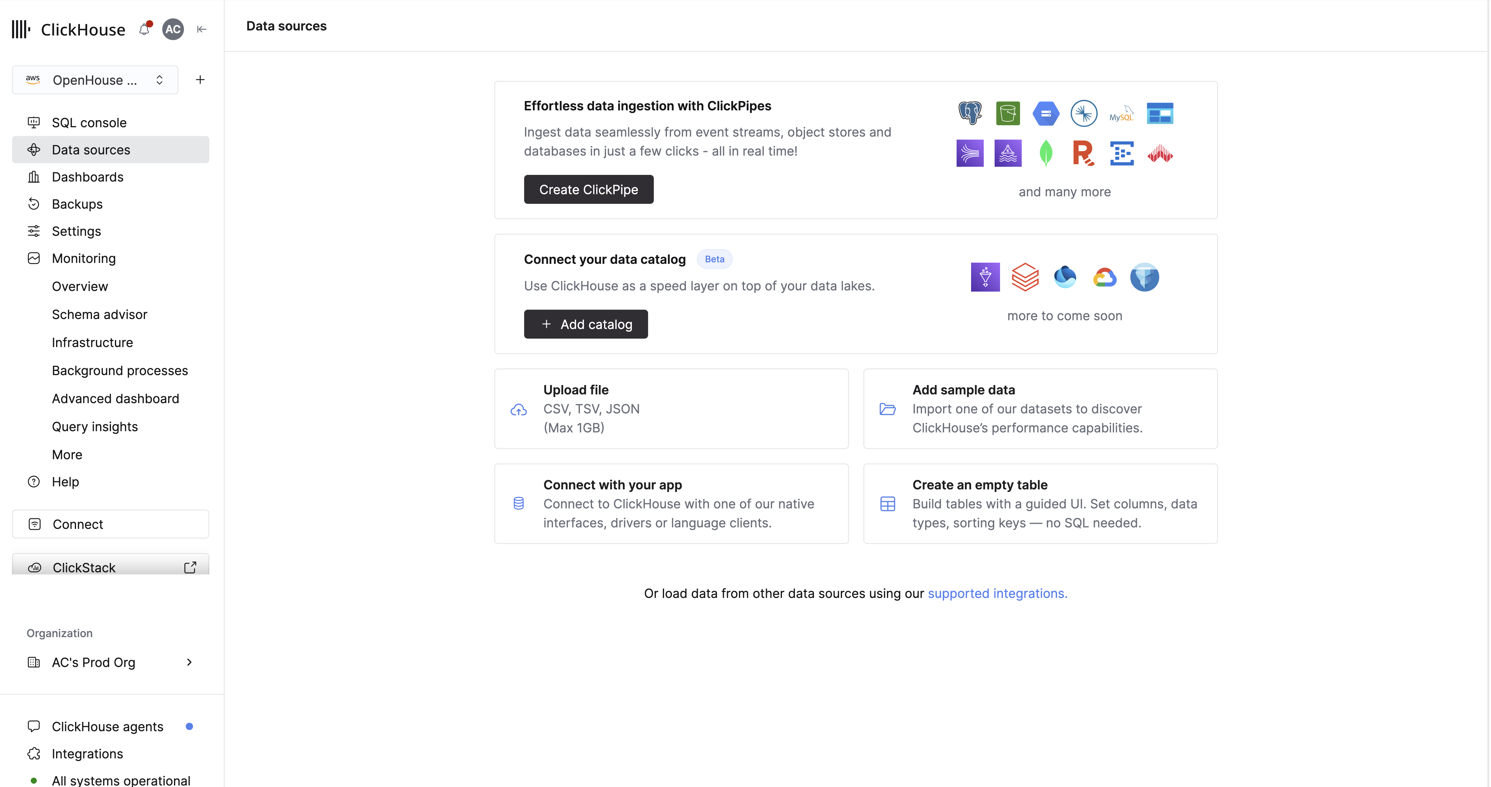 UI do ClickHouse Cloud com integrações de catálogos de dados