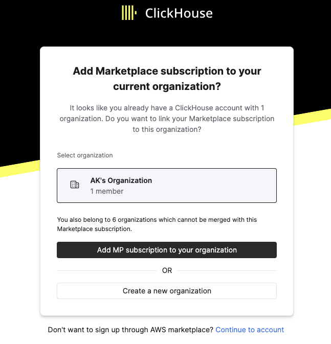 기존 조직에 marketplace subscription을 추가하는 방법을 보여주는 ClickHouse Cloud 인터페이스