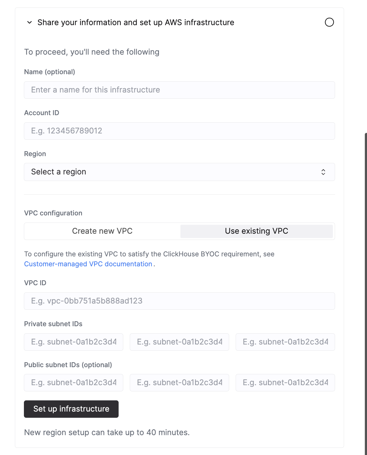 UI de configuration BYOC de ClickHouse Cloud avec Use existing VPC sélectionné