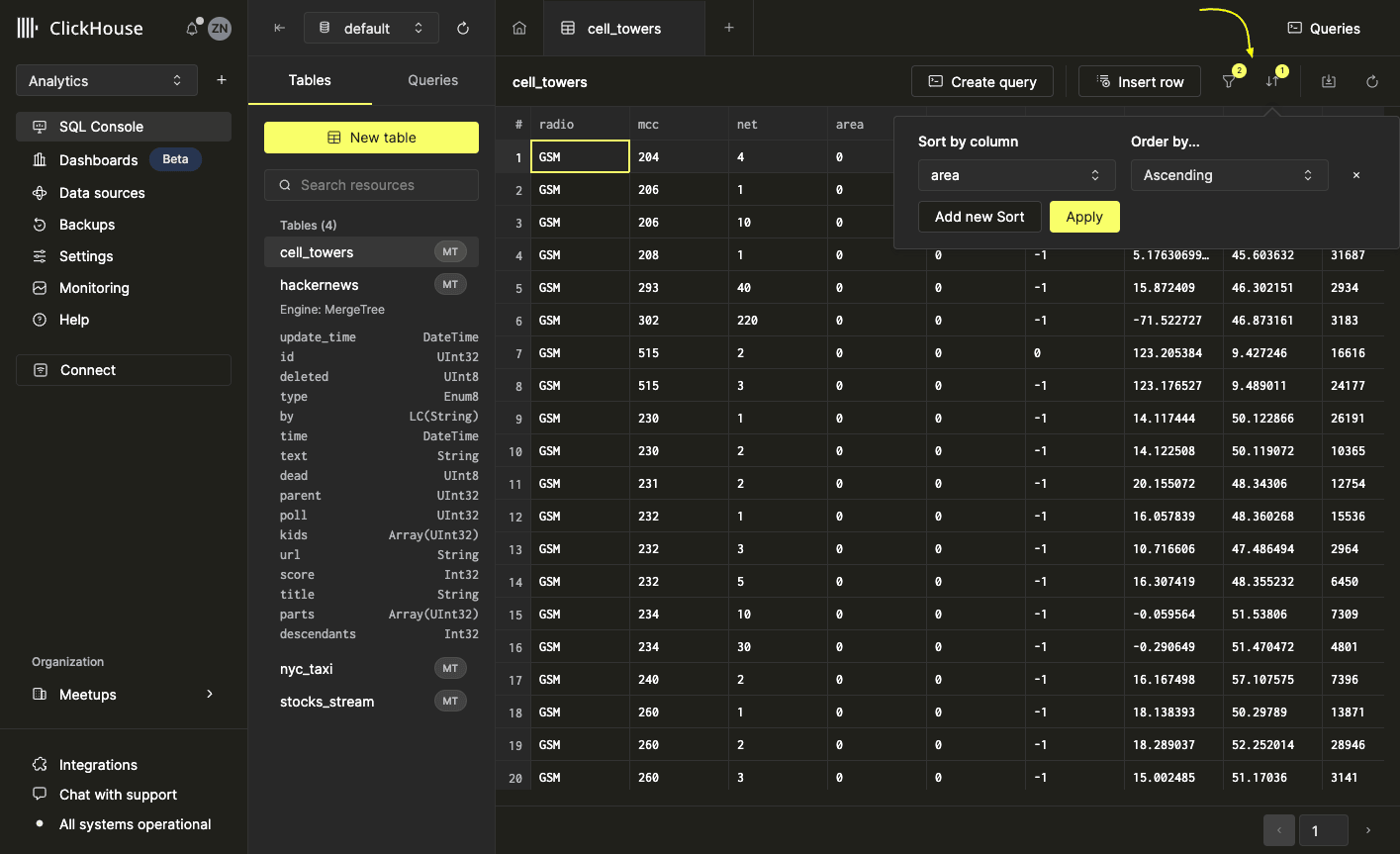 Interface showing both filtering and sorting applied simultaneously