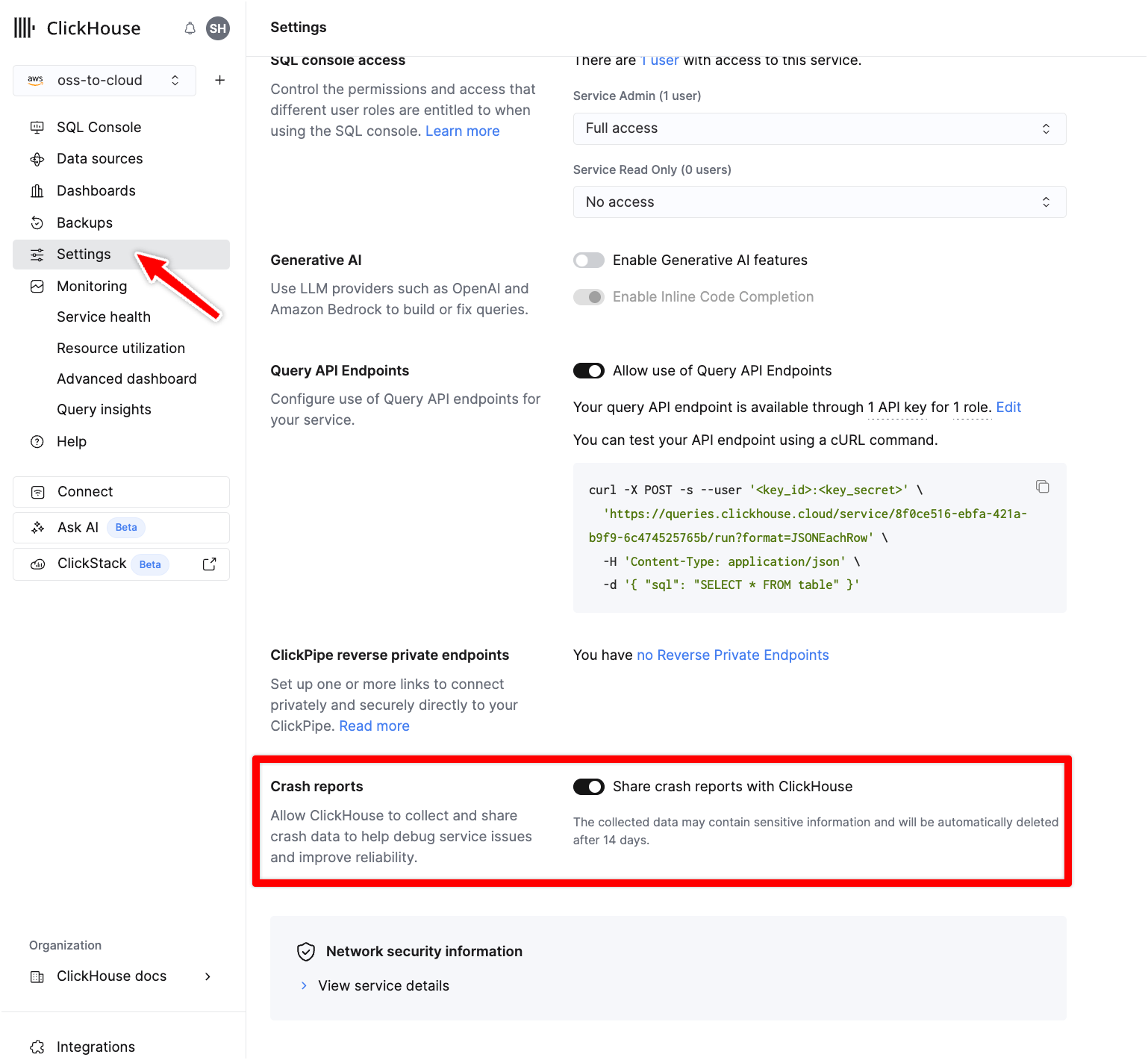 Onde encontrar a opção de desativação na UI do Cloud