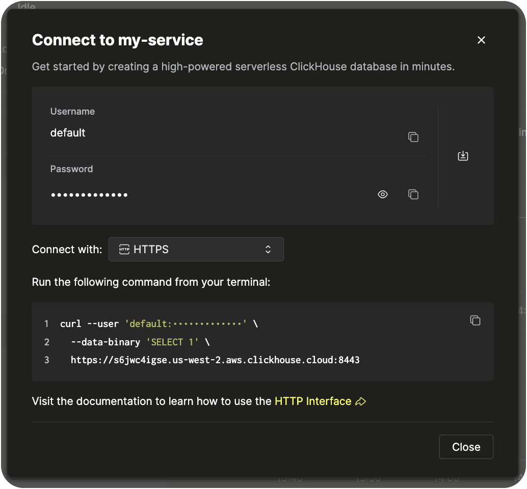 Bouton Connect dans la console ClickHouse Cloud (mode sombre)