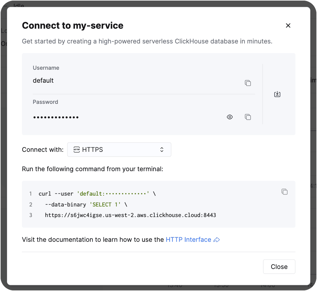 Bouton Connect dans la console ClickHouse Cloud (mode clair)