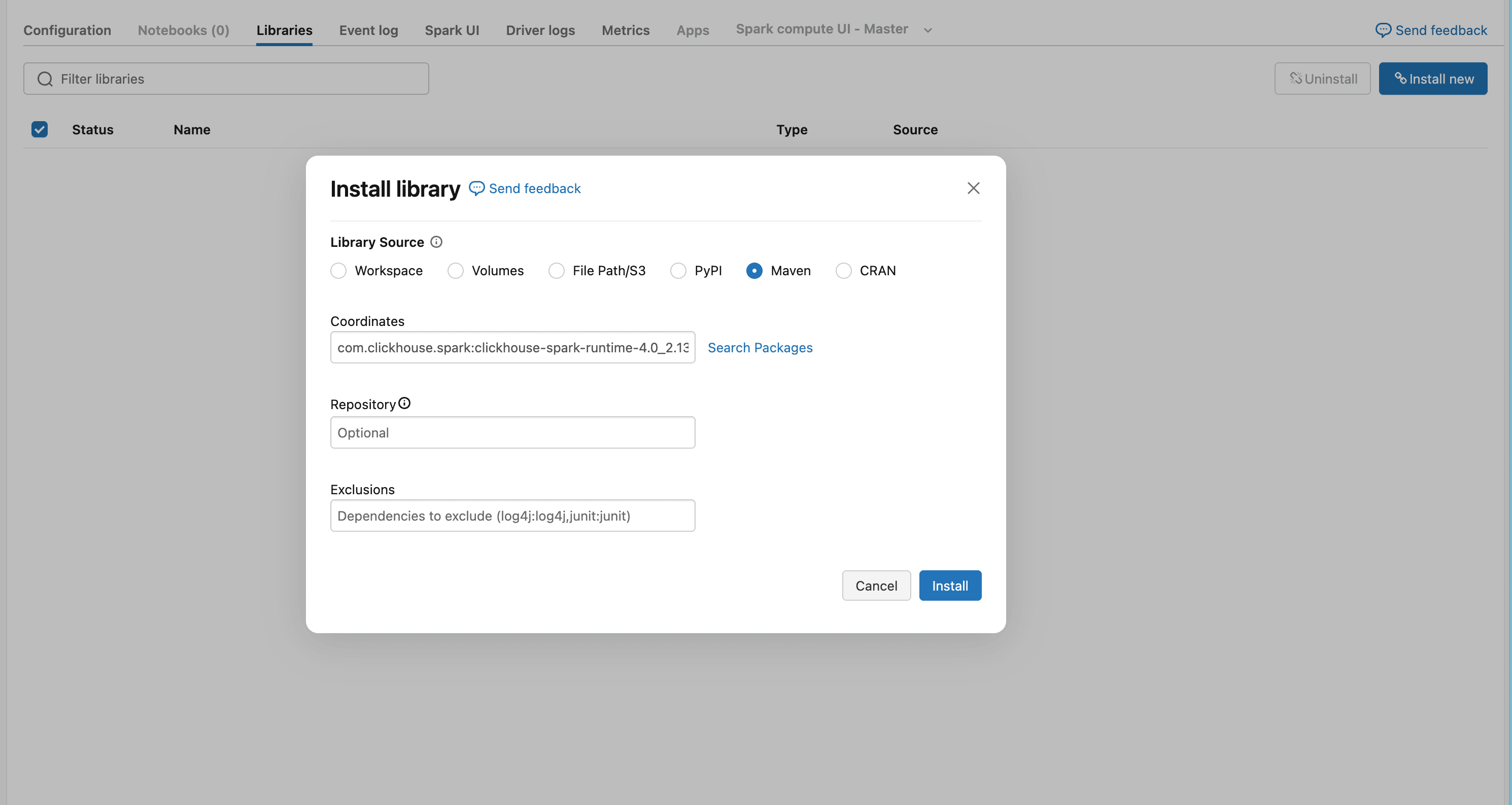 Databricks Maven libraries configuration