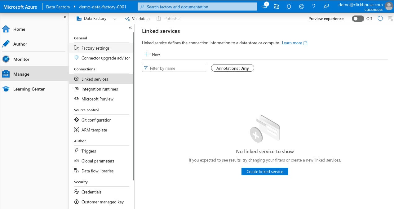 Azure Data Factory の新しいリンク サービス ボタン