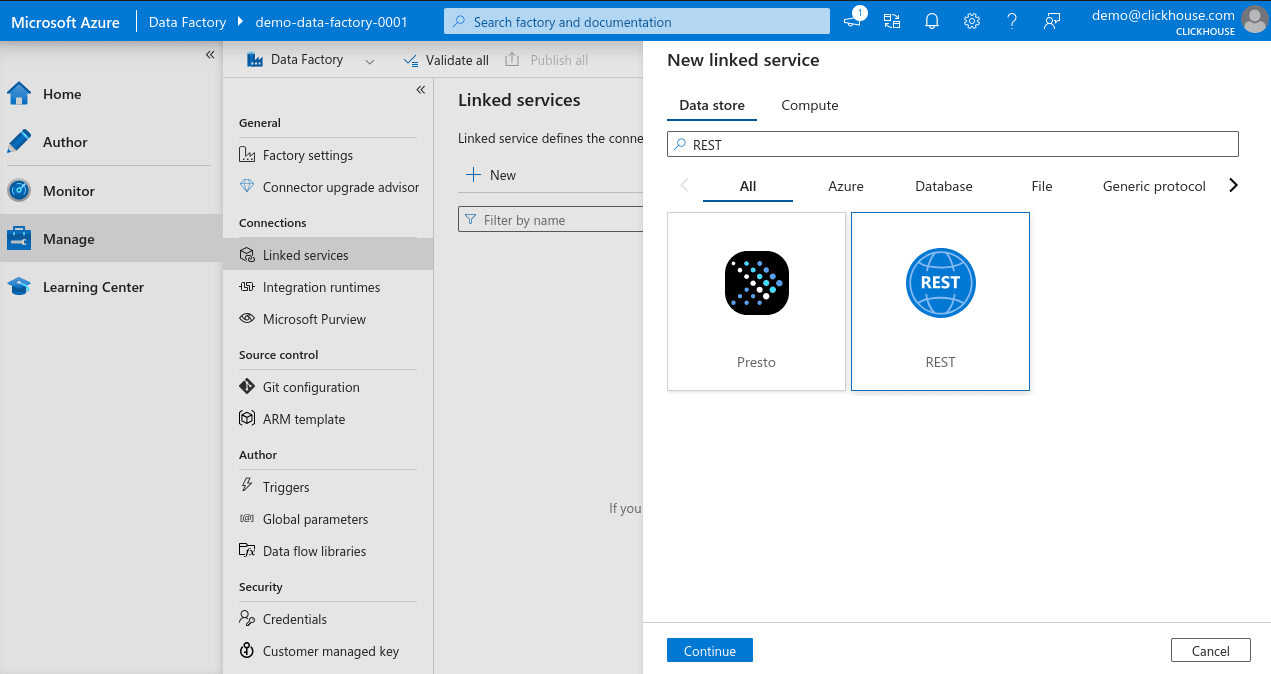 Azure Data Factory の新しいリンク サービス検索