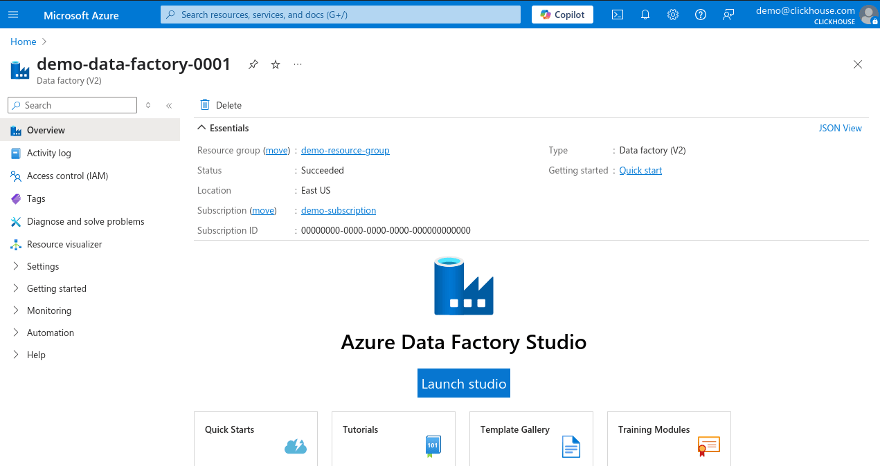 Azure Portal の Data Factory ページ