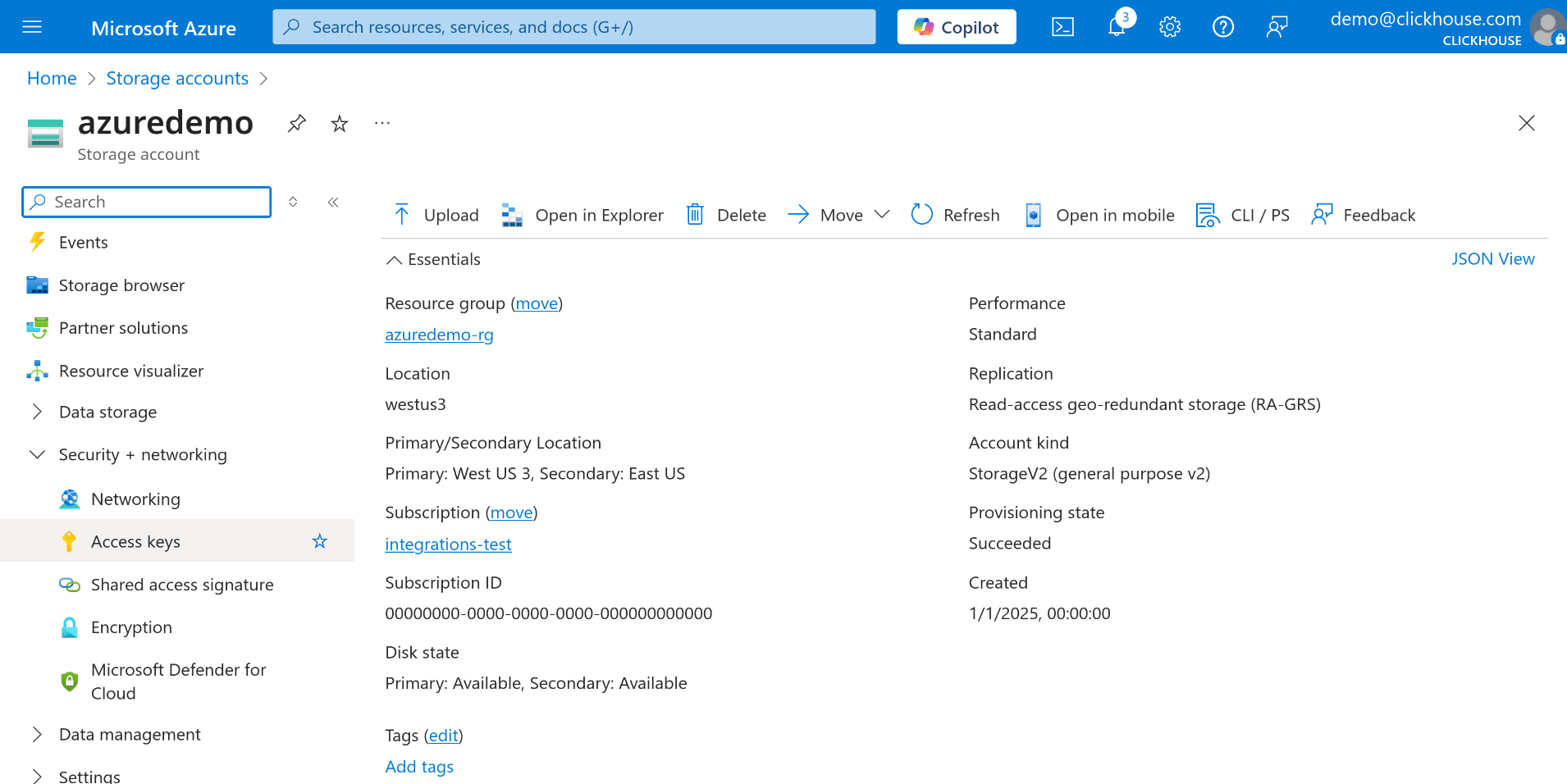 Configurações do armazenamento de dados do Azure