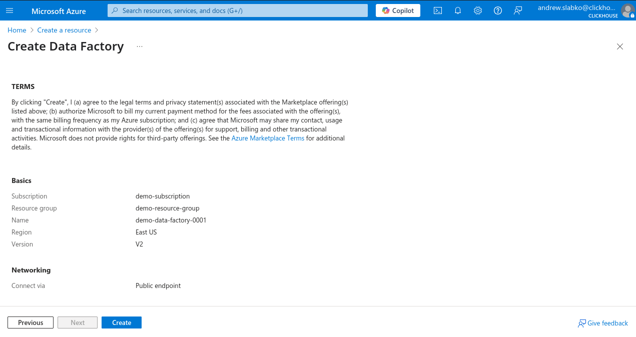 Azure Portal の新しい Data Factory の確認