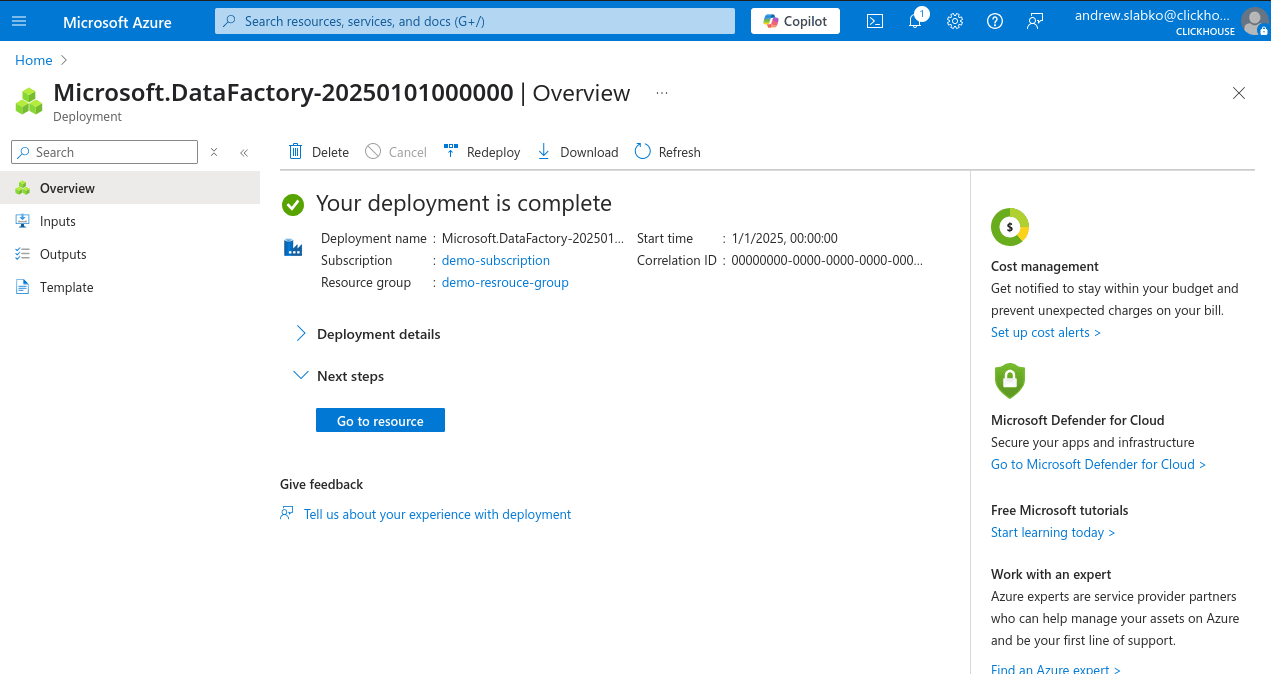 Azure Portal の新しい Data Factory の作成成功
