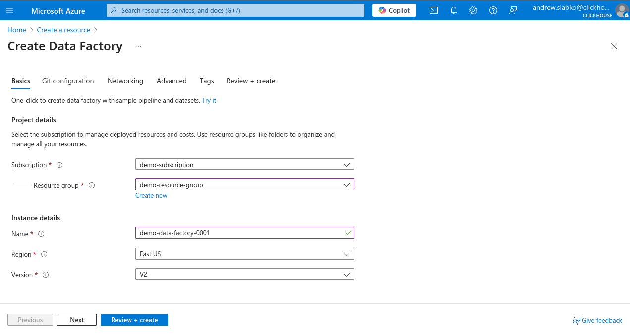 Azure Portal の新しい Data Factory