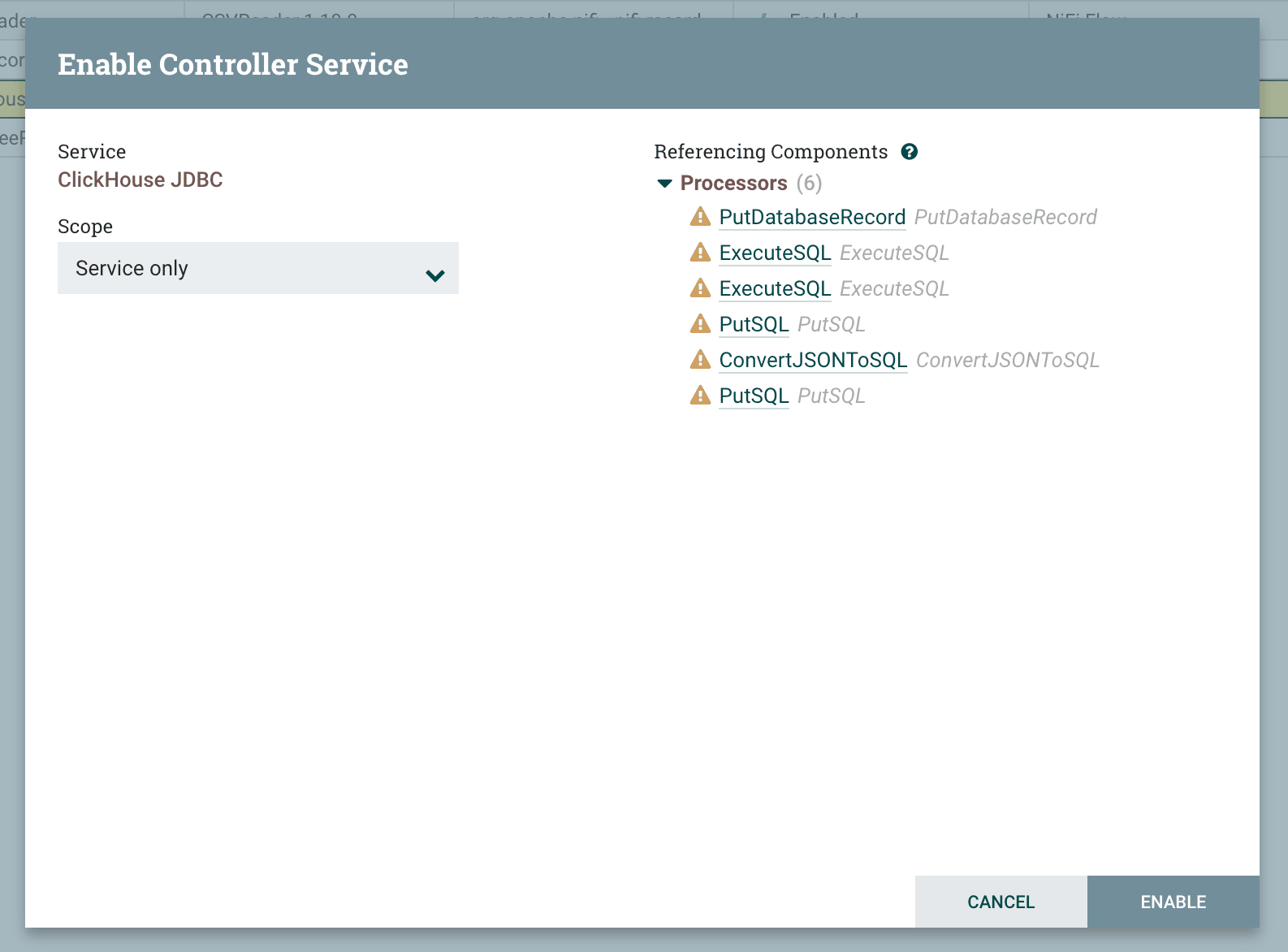 Enable Controller Service confirmation dialog