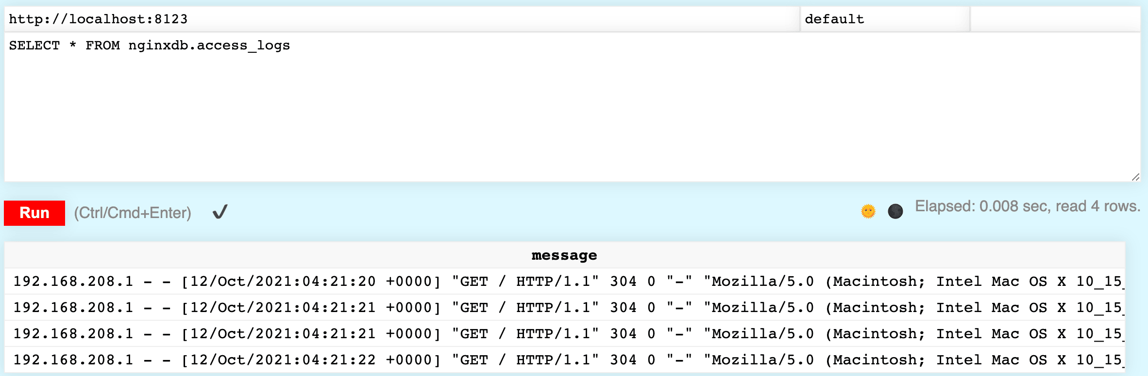 Veja os logs do ClickHouse em formato de tabela