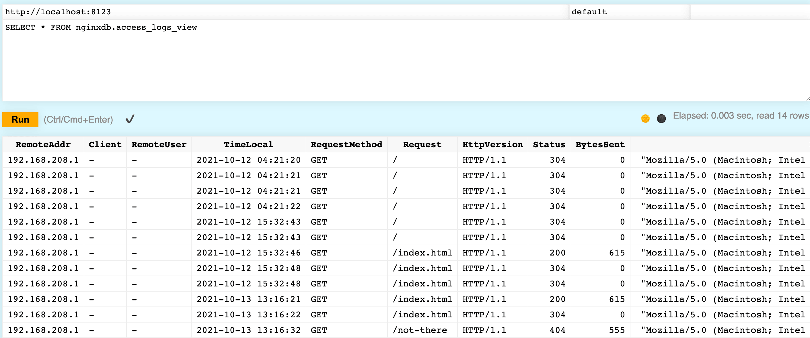 Veja os logs do ClickHouse já analisados em formato de tabela
