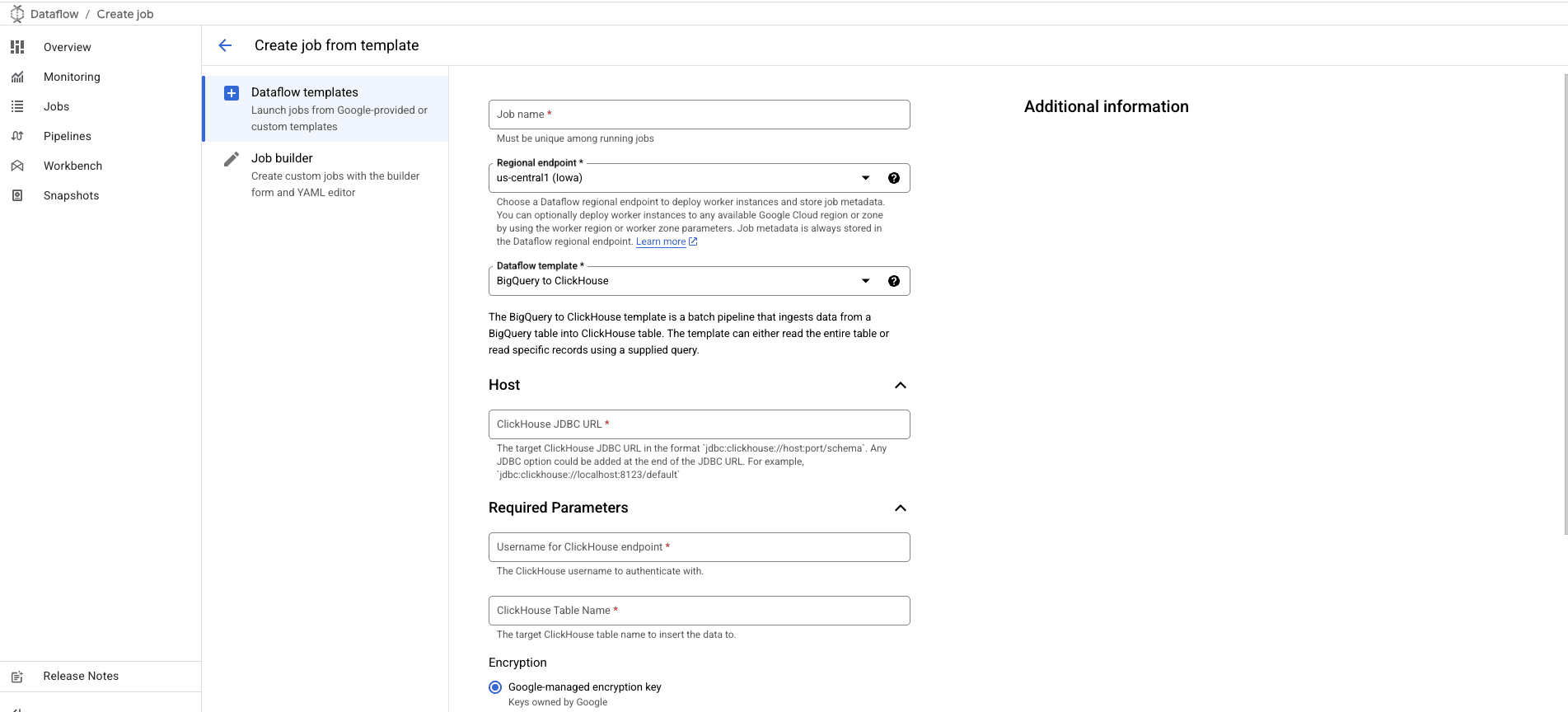 BigQuery to ClickHouse extended template form