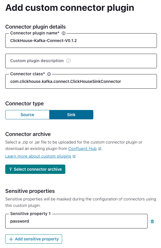 UI de Confluent Platform montrant les paramètres pour ajouter un connecteur ClickHouse personnalisé