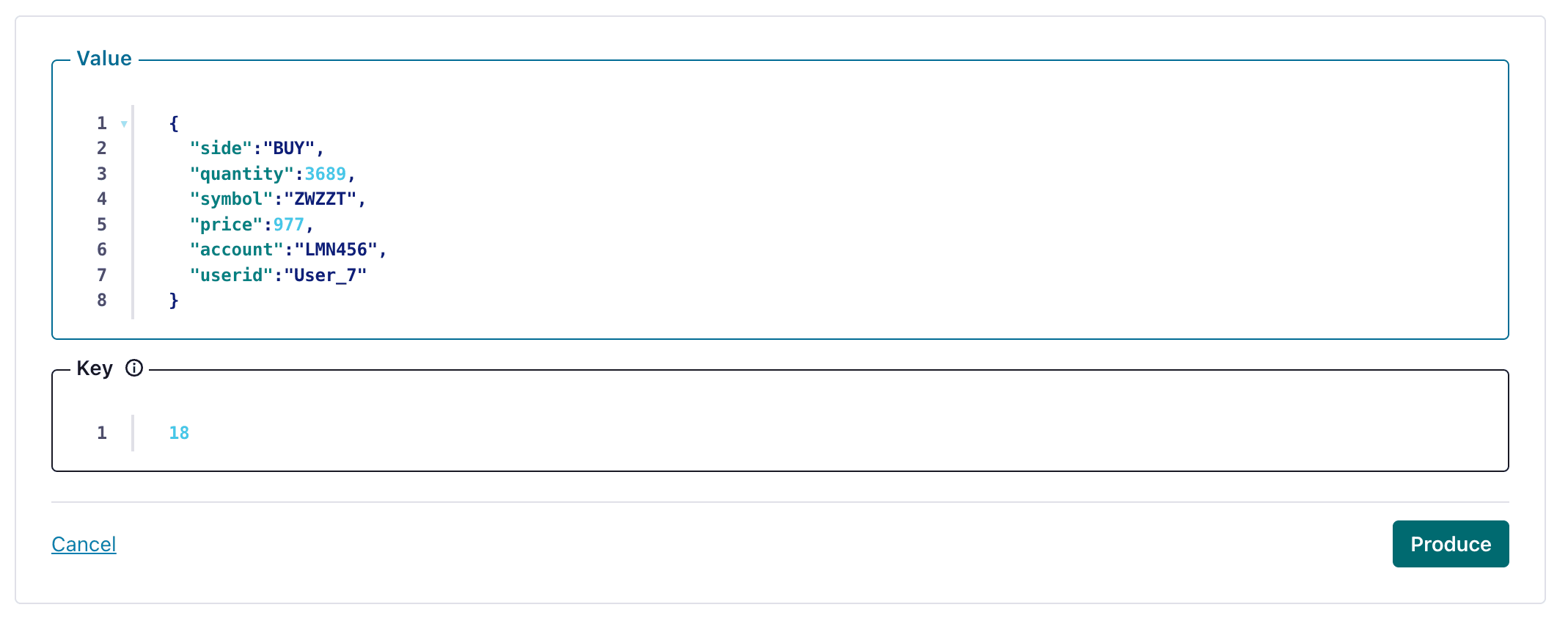 Interfaz de Confluent Cloud que muestra cómo crear un mensaje de prueba en un topic de Kafka