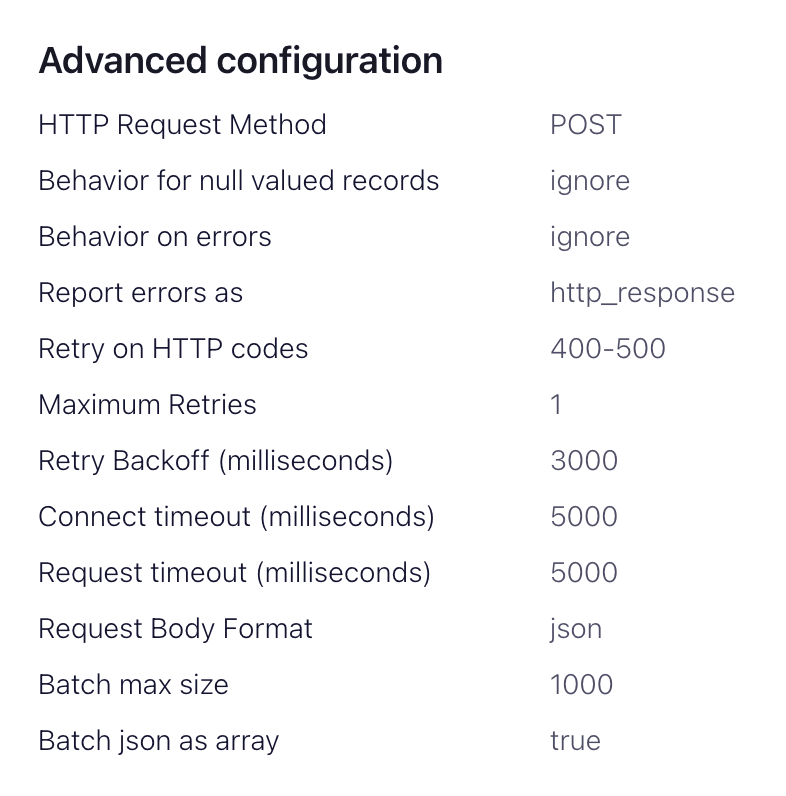 Interfaz de Confluent Cloud que muestra opciones de configuración avanzada para el conector HTTP Sink