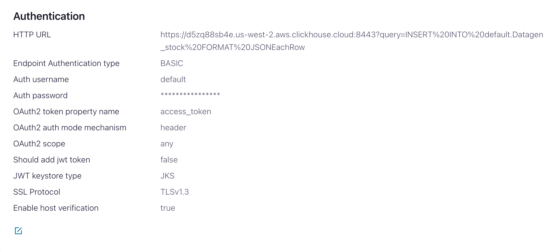 Interfaz de Confluent Cloud que muestra la configuración de autenticación para el conector HTTP Sink