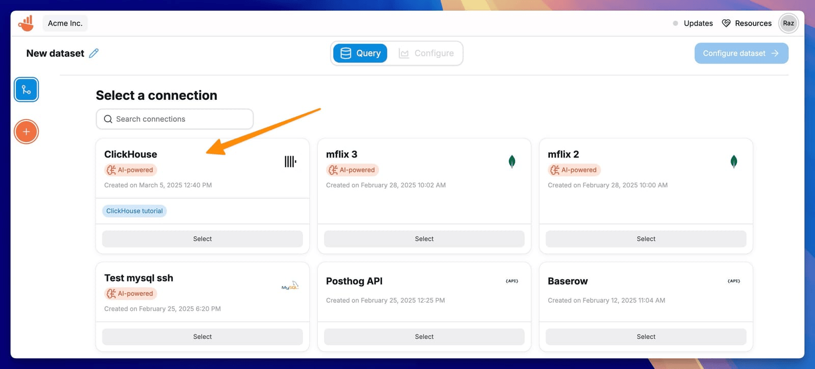 Sélectionner une connexion ClickHouse pour le jeu de données