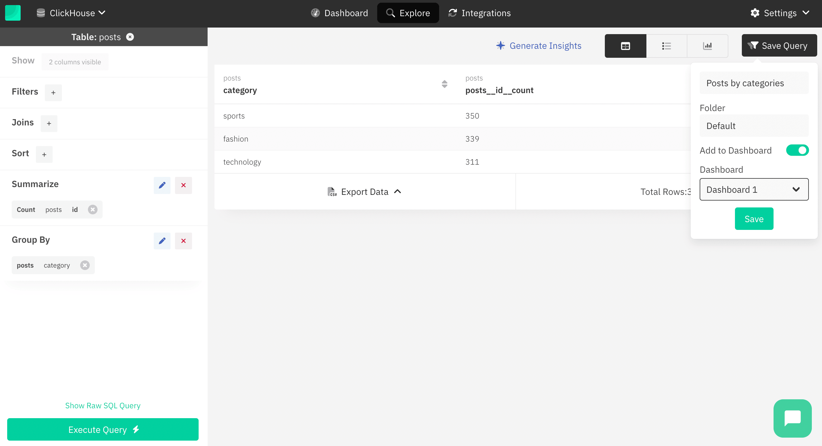 Boîte de dialogue d’enregistrement de requête Draxlr avec options de dashboard