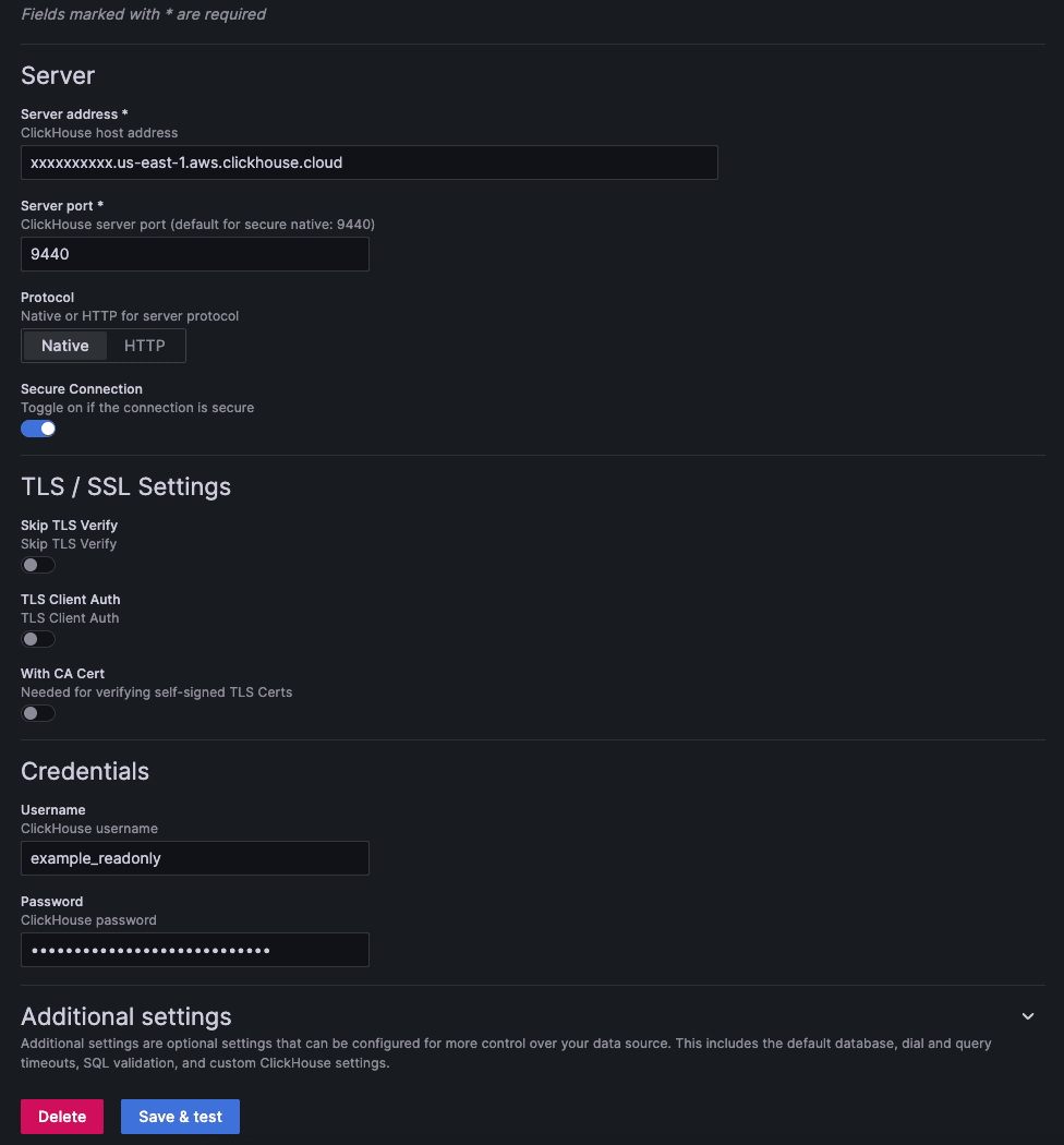 Página de configuración de la conexión