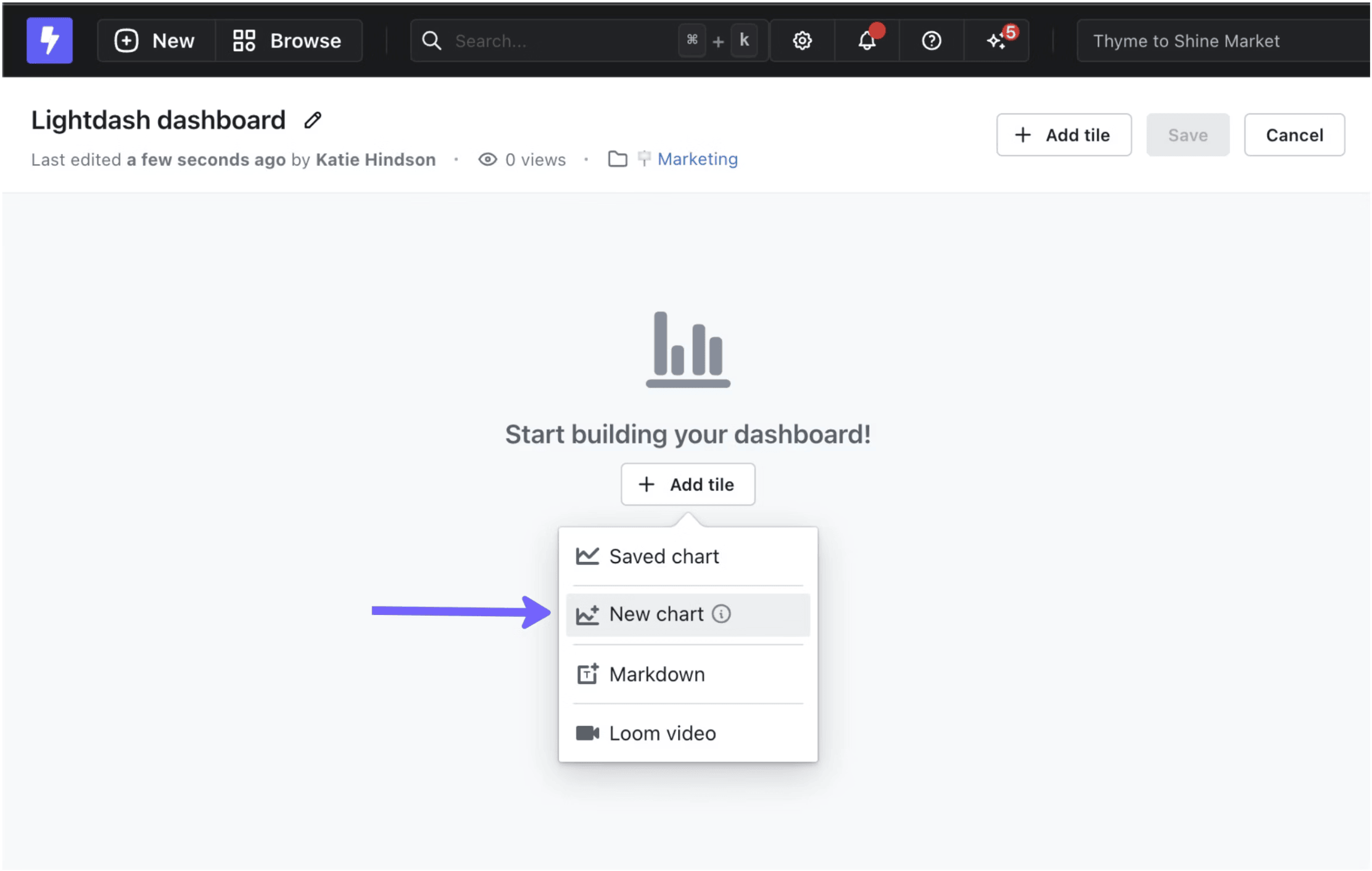 Criando e organizando gráficos em um dashboard do Lightdash