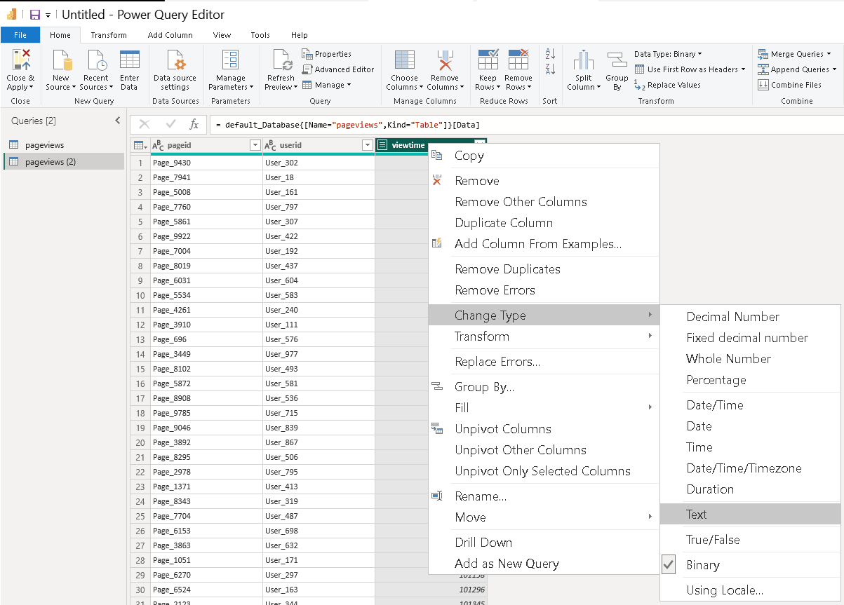 Power Query Editor с преобразованием типа данных для столбца UInt64