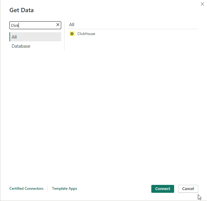 Диалоговое окно Power BI Get Data с запросом ClickHouse в строке поиска