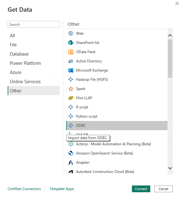 Диалог Get Data в Power BI с выбранным пунктом ODBC в категории Other