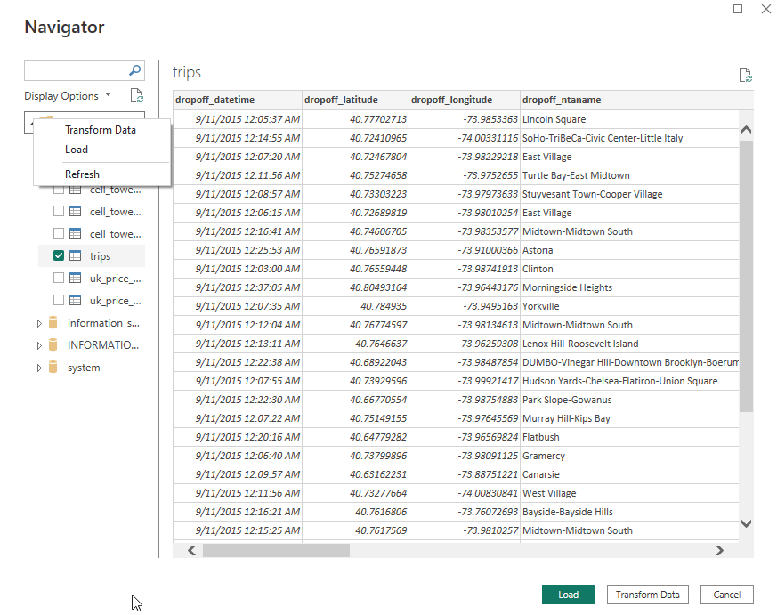 Окно Navigator в Power BI, в котором показаны таблицы базы данных ClickHouse и примеры данных