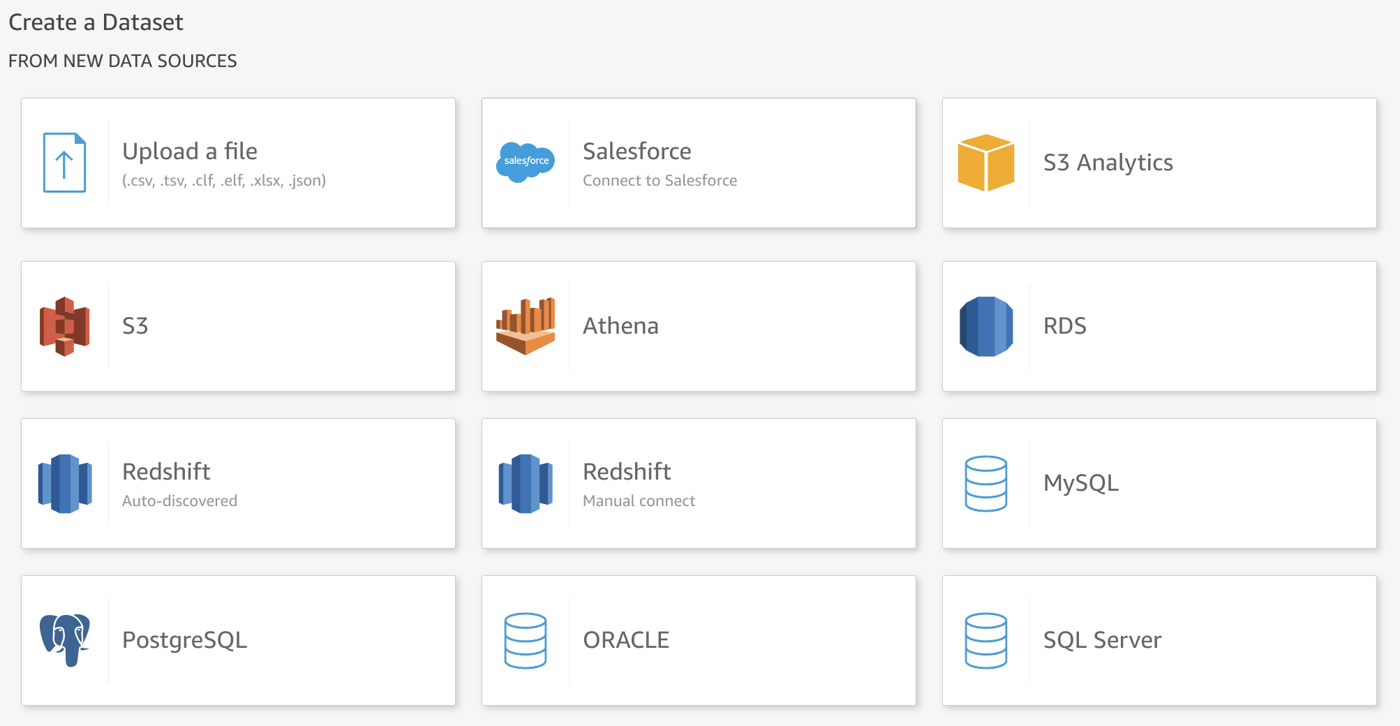QuickSight 数据源选择界面，搜索结果中高亮显示 MySQL