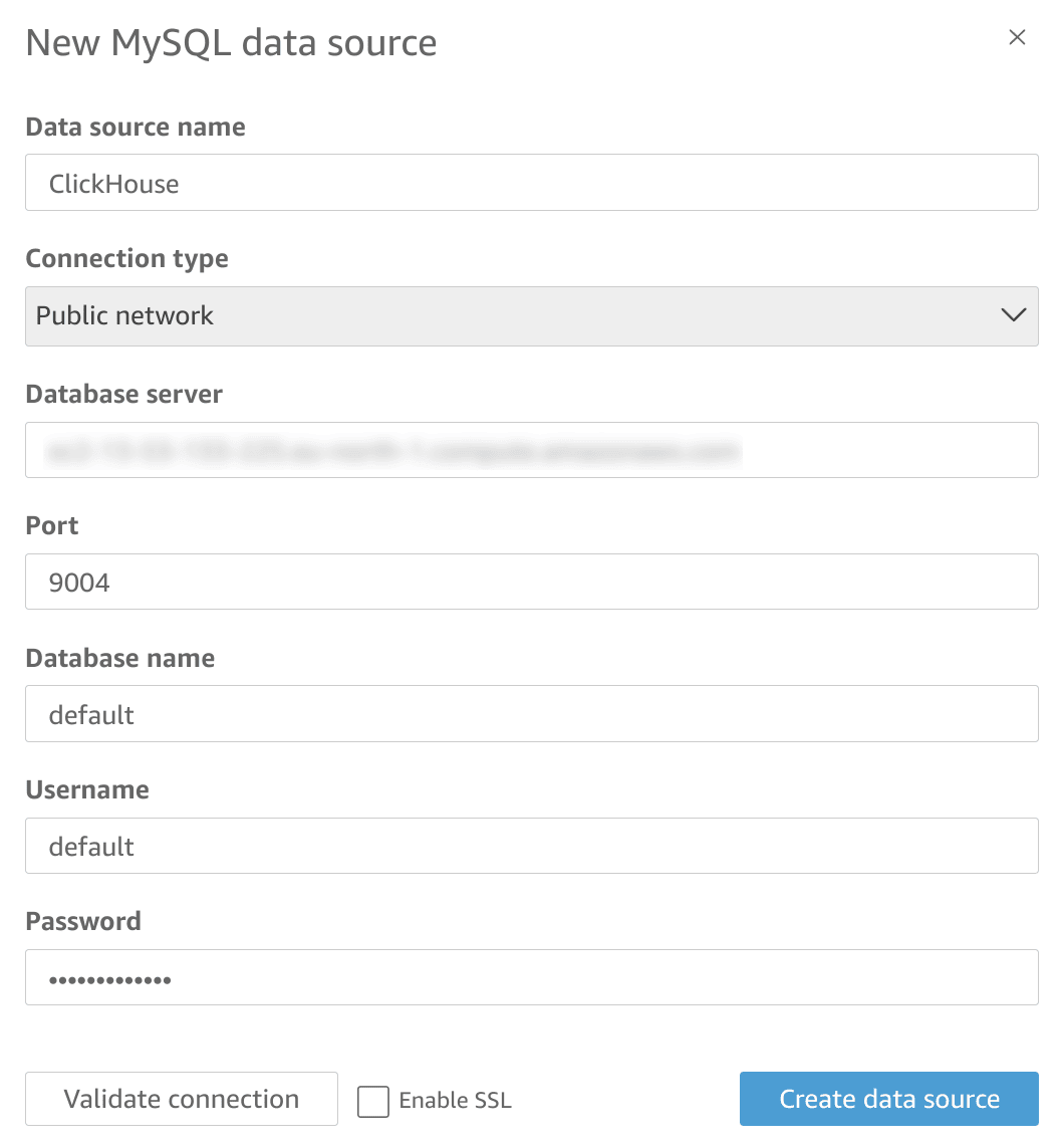 QuickSight MySQL 连接配置表单，包含 hostname、端口、database 和凭据字段