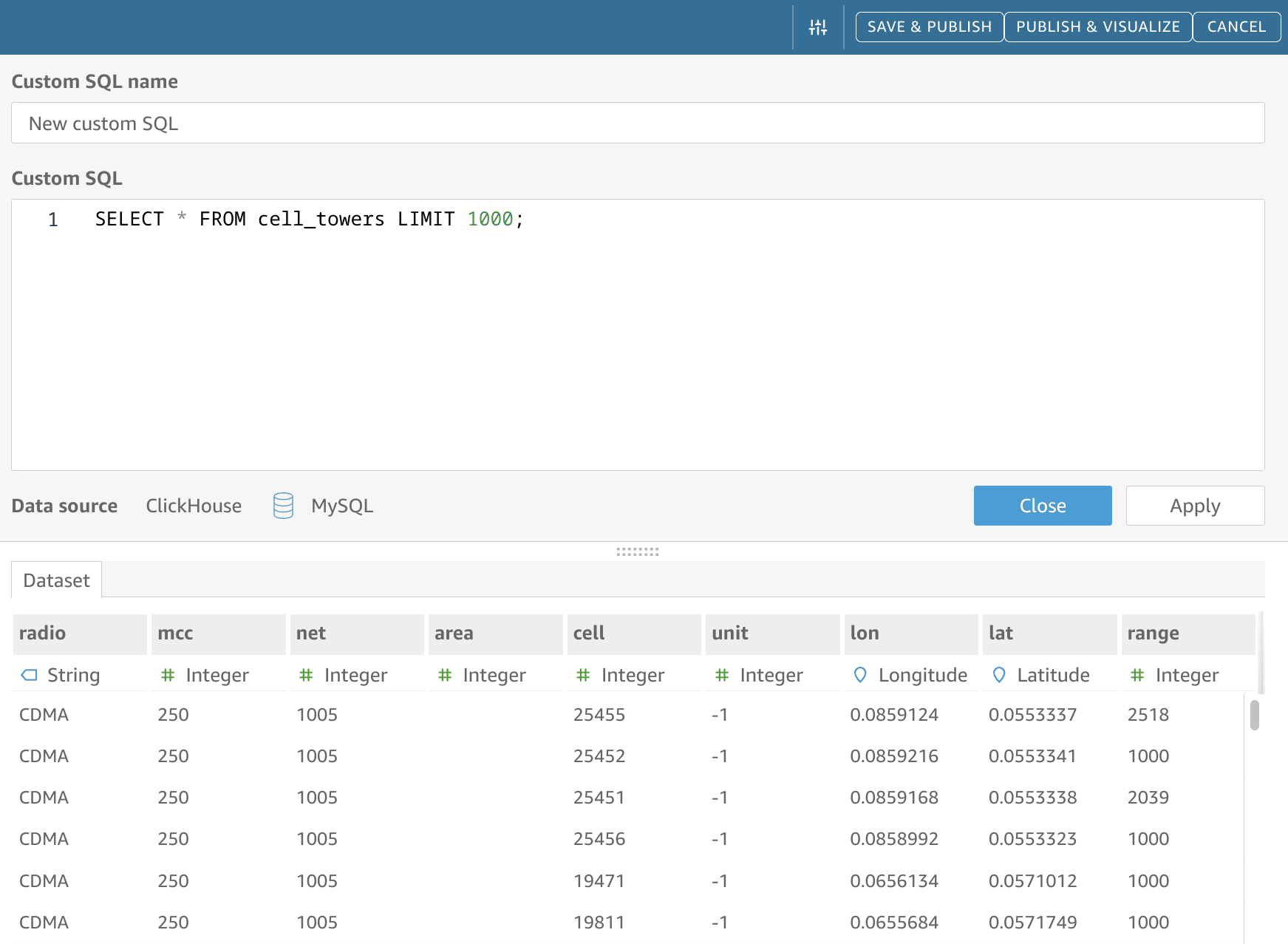 QuickSight 数据预览，显示包含列和样本数据的表结构