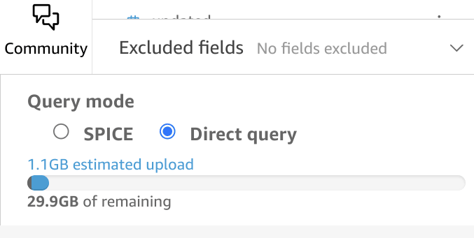 QuickSight 界面，左下角高亮显示 Direct Query 模式选项