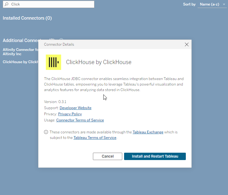 显示 ClickHouse JDBC 连接器详细信息和安装按钮的 Tableau 连接器安装对话框