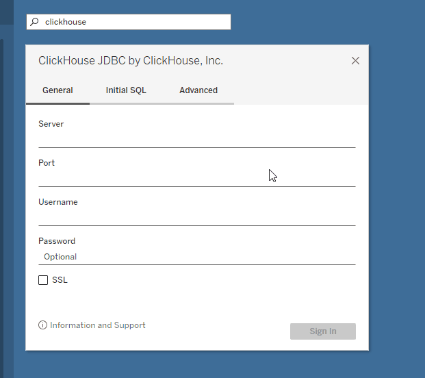Tableau 中的 ClickHouse 连接对话框,显示 server、port、database、username 和 password 字段
