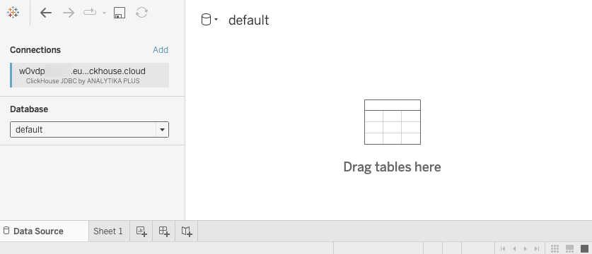 显示初始连接界面和数据库选择选项的新 Tableau 工作簿