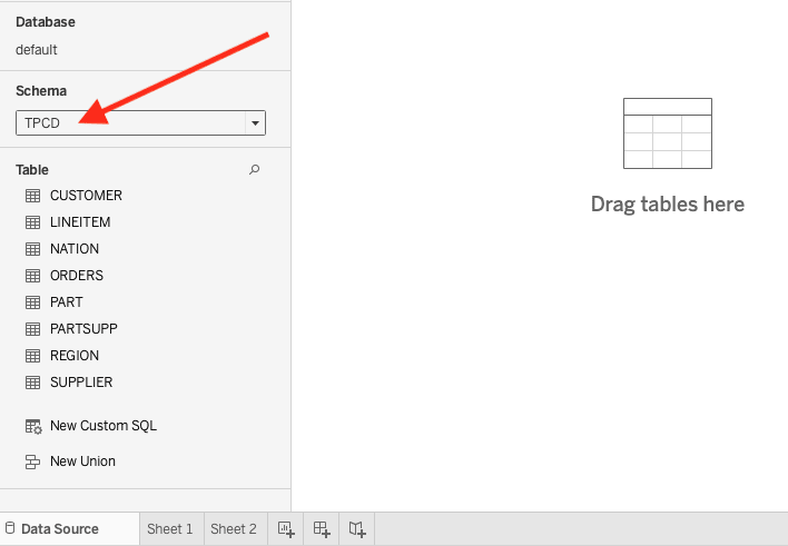 Tableau schema 选择界面,显示 TPCD 数据库中的表,包括 CUSTOMER、LINEITEM、NATION、ORDERS 等